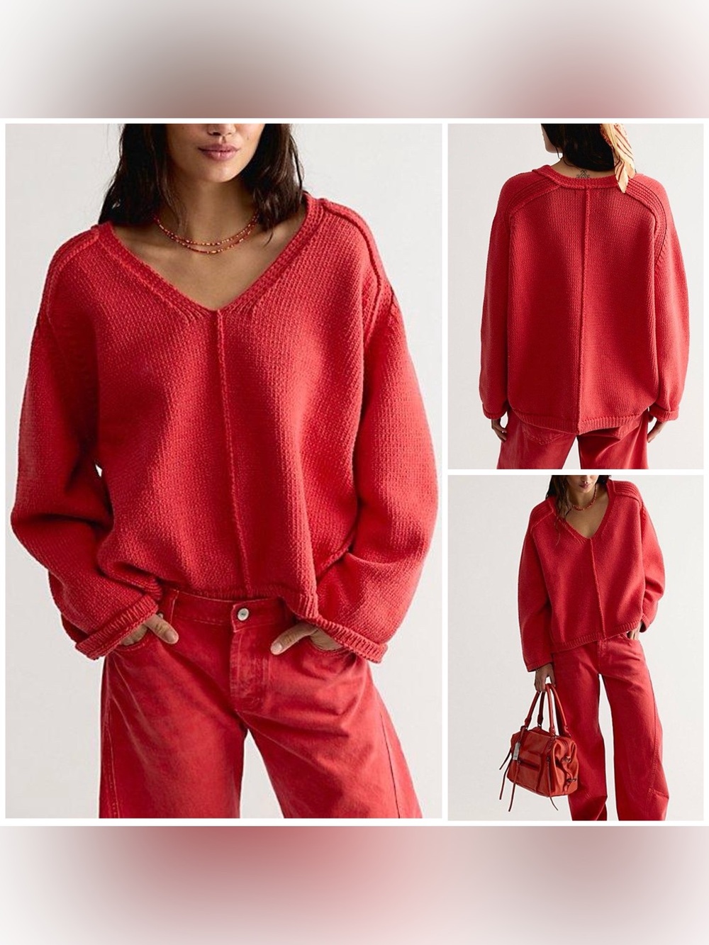 NWT Free People We The Free Monarch Pullover - tomato red - medium